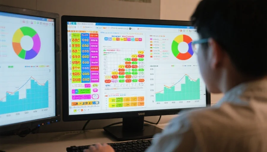 一位初学者坐在电脑前,屏幕上显示着丰富多彩的彩票走势图和数据分析图表
